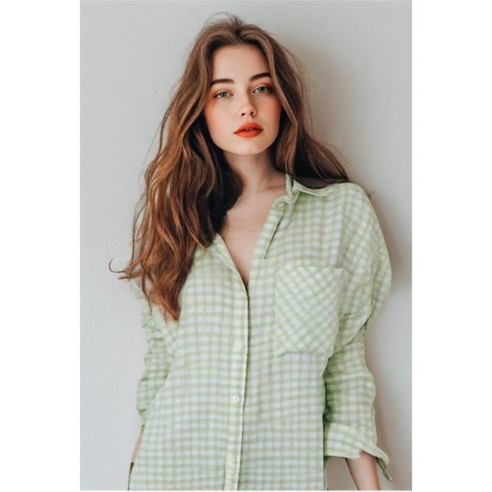 Abound Lime Green White Plaid Button Down Shirt M Coastal Cottagecore Oversized